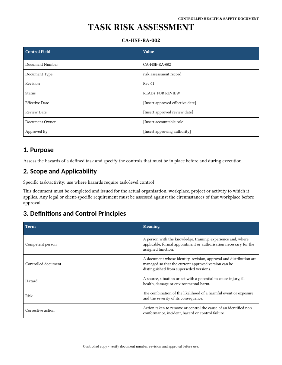 Sample first page of Task Risk Assessment