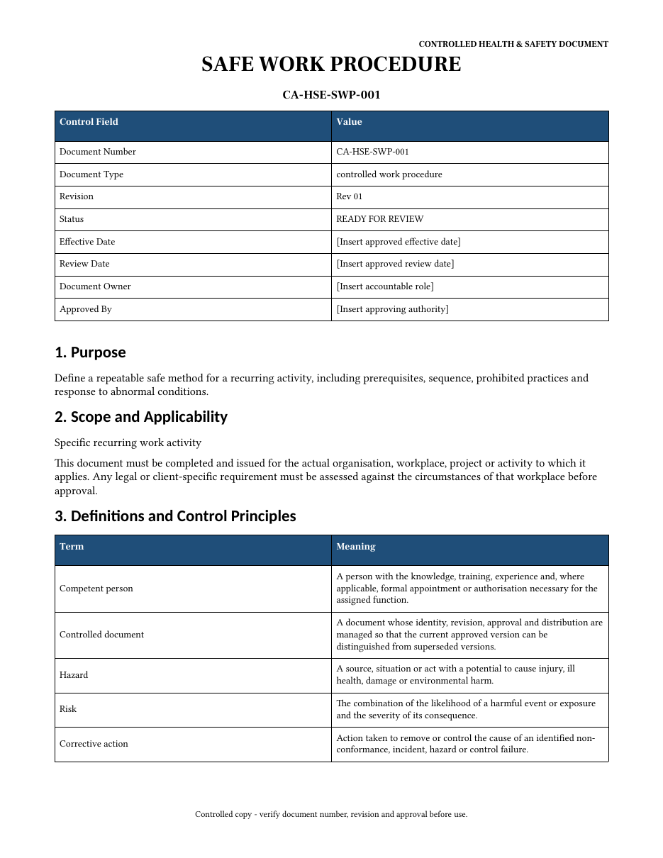 Sample first page of Safe Work Procedure