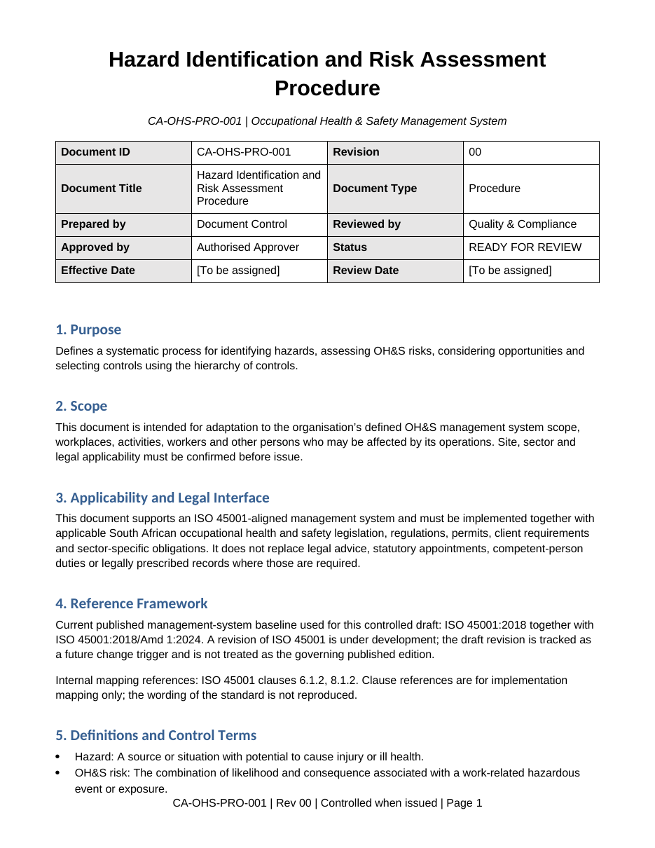 Sample first page of Hazard Identification and Risk Assessment Procedure