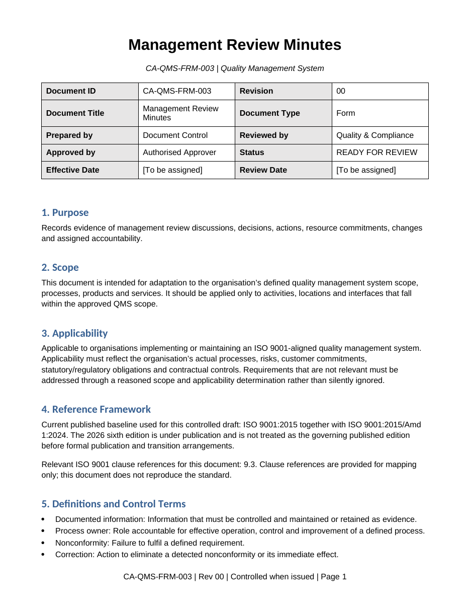 Sample first page of Management Review Minutes
